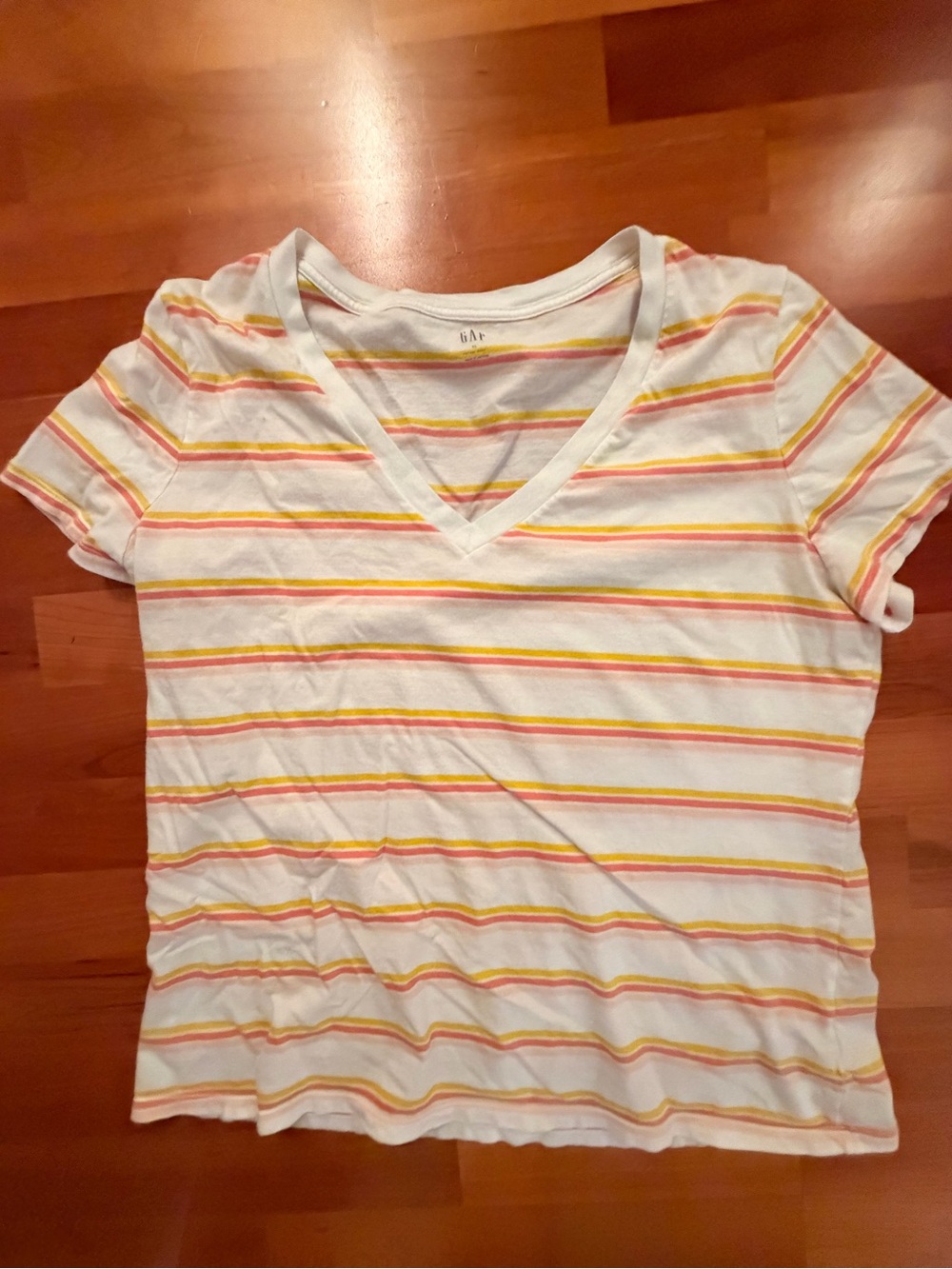 GAP White V-Neck Tee with Yellow and Pink Stripes